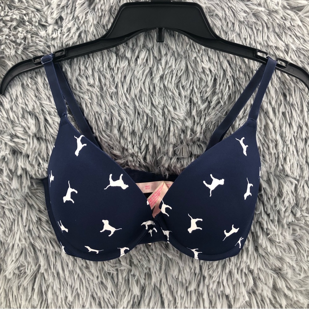 Pink Victorias Secret Bra Blue White Women 32DD Wear Everywhere Push Up Dog Logo